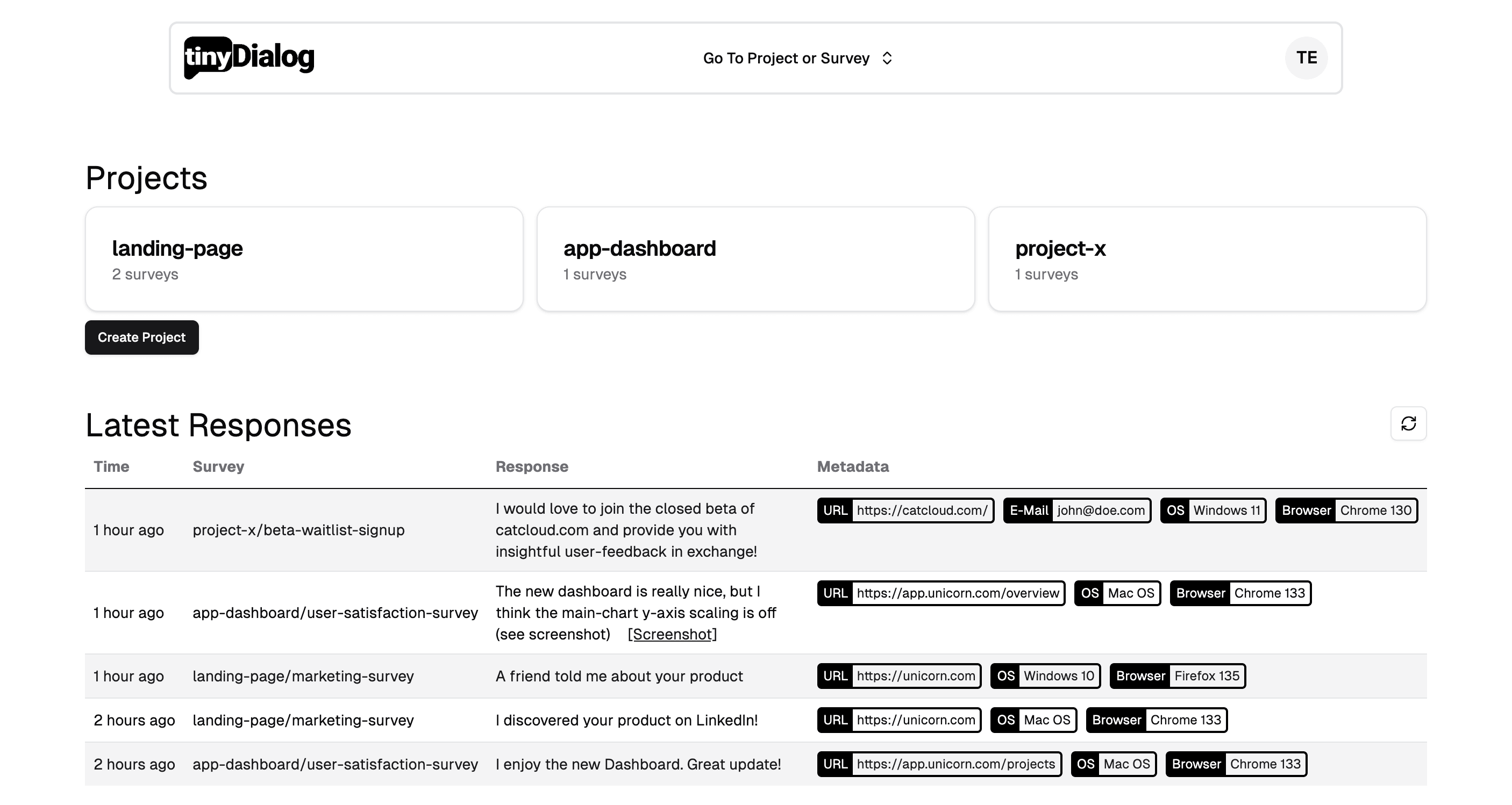 tinyDialog dashboard screenshot